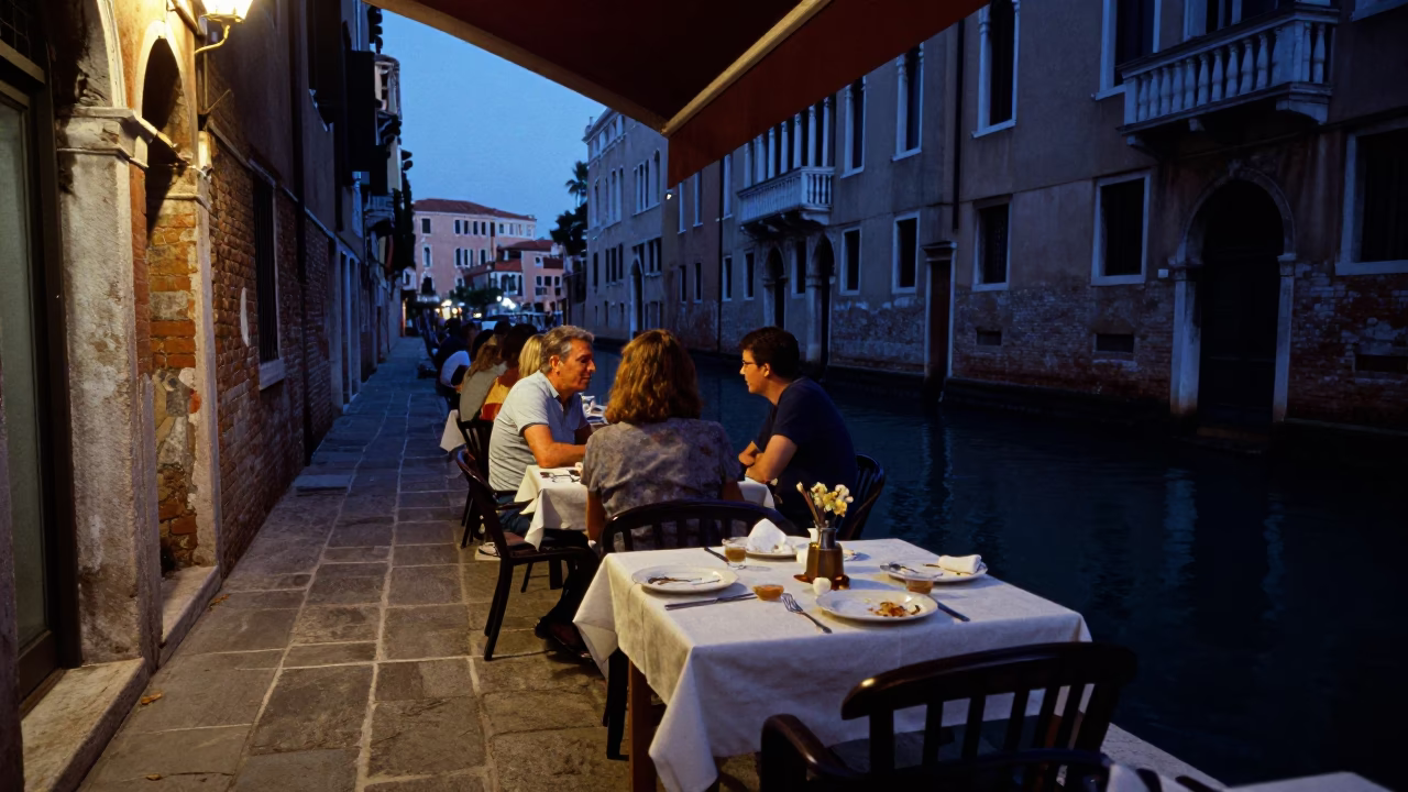 Indigo Twilight After Sunset on Cafe Table in Venice in in Venice, Italy