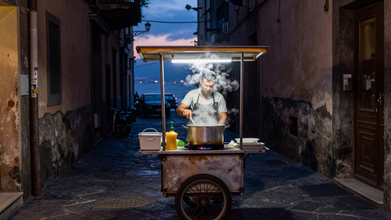 Indigo Twilight After Sunset on Cooking Pasta in Naples in in Naples, Italy