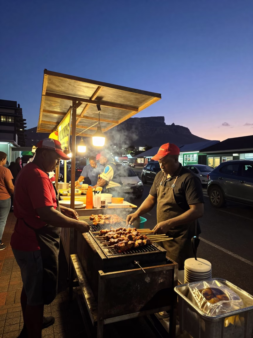 Indigo Twilight After Sunset on Food Stall in Cape Town in in Cape Town, South Africa