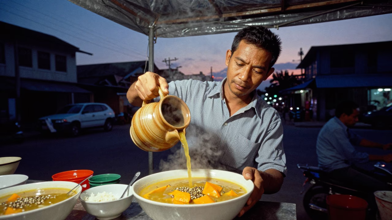 Indigo Twilight After Sunset on Hot Soup in Phnom Penh in in Phnom Penh, Cambodia