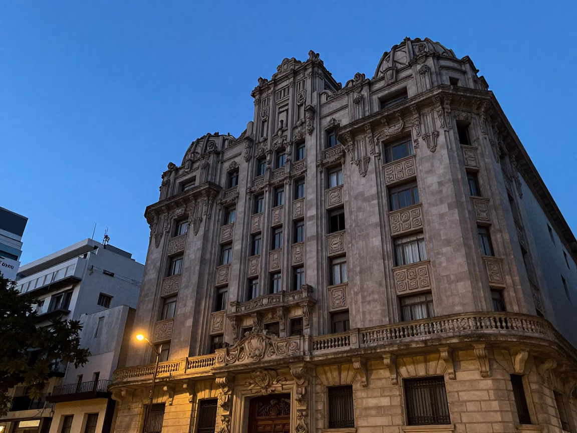 Indigo Twilight After Sunset on Hotel Facade in Buenos Aires in in Buenos Aires, Argentina
