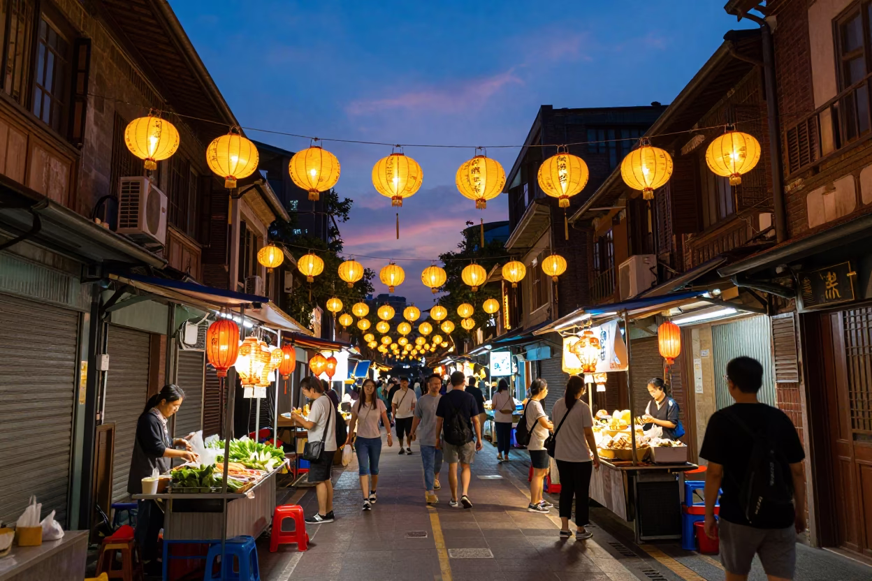 Indigo Twilight After Sunset on Lantern-Lit Alleyway in Taipei in in Taipei, Taiwan