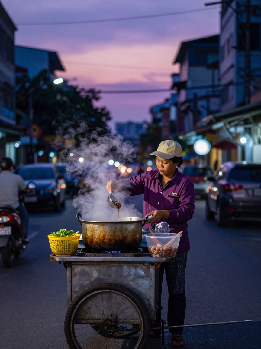 Indigo Twilight After Sunset on Noodle Soup in Ho Chi Minh City in in Ho Chi Minh City, Vietnam