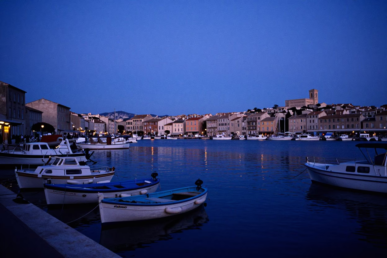 Indigo Twilight After Sunset on Old Port in Marseille in in Marseille, France