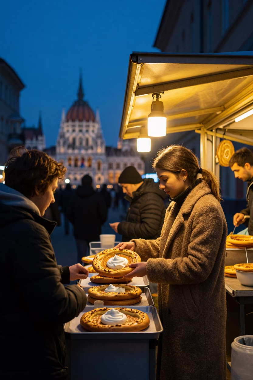 Indigo Twilight After Sunset on Selling Lángos in Budapest in in Budapest, Hungary