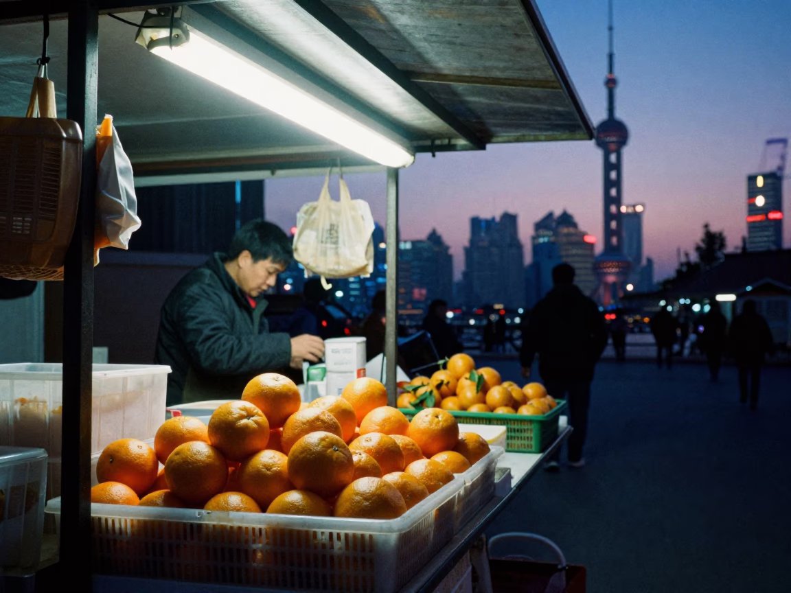 Indigo Twilight After Sunset on Stalls Illuminated in Shanghai in in Shanghai, China