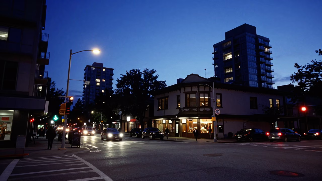 Indigo Twilight After Sunset on Street Corner in Vancouver in in Vancouver, British Columbia, Canada