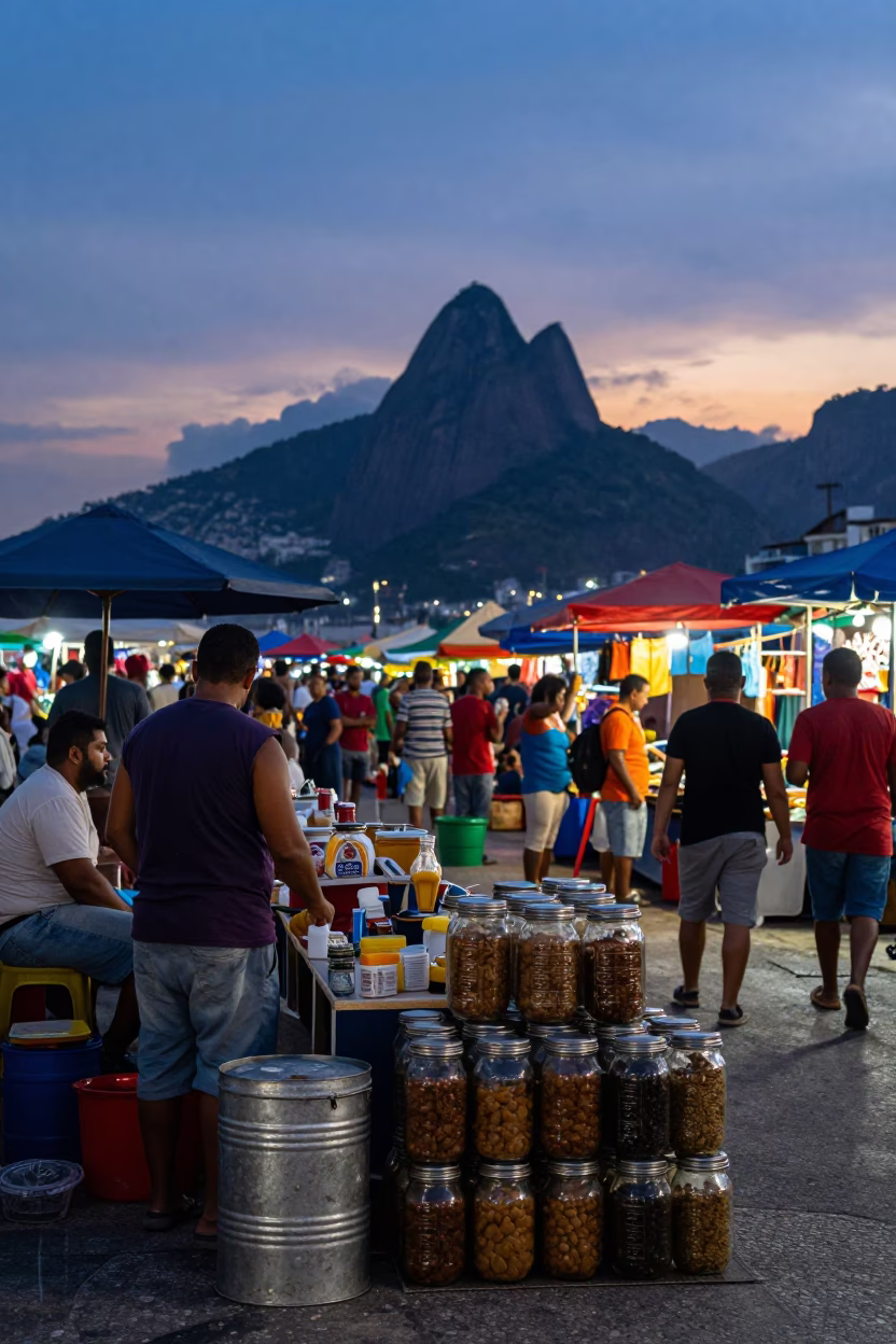 Indigo Twilight After Sunset on Street Market in Rio De Janeiro in in Rio de Janeiro, Brazil