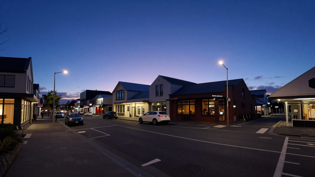 Indigo Twilight After Sunset on Street Scene in Christchurch in in Christchurch, New Zealand