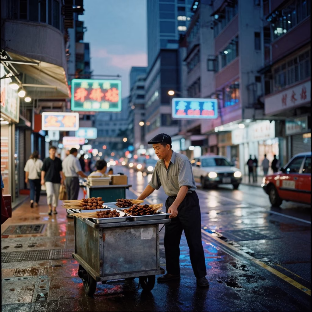 Indigo Twilight After Sunset on Street Scene in Hong Kong in in Hong Kong, Hong Kong