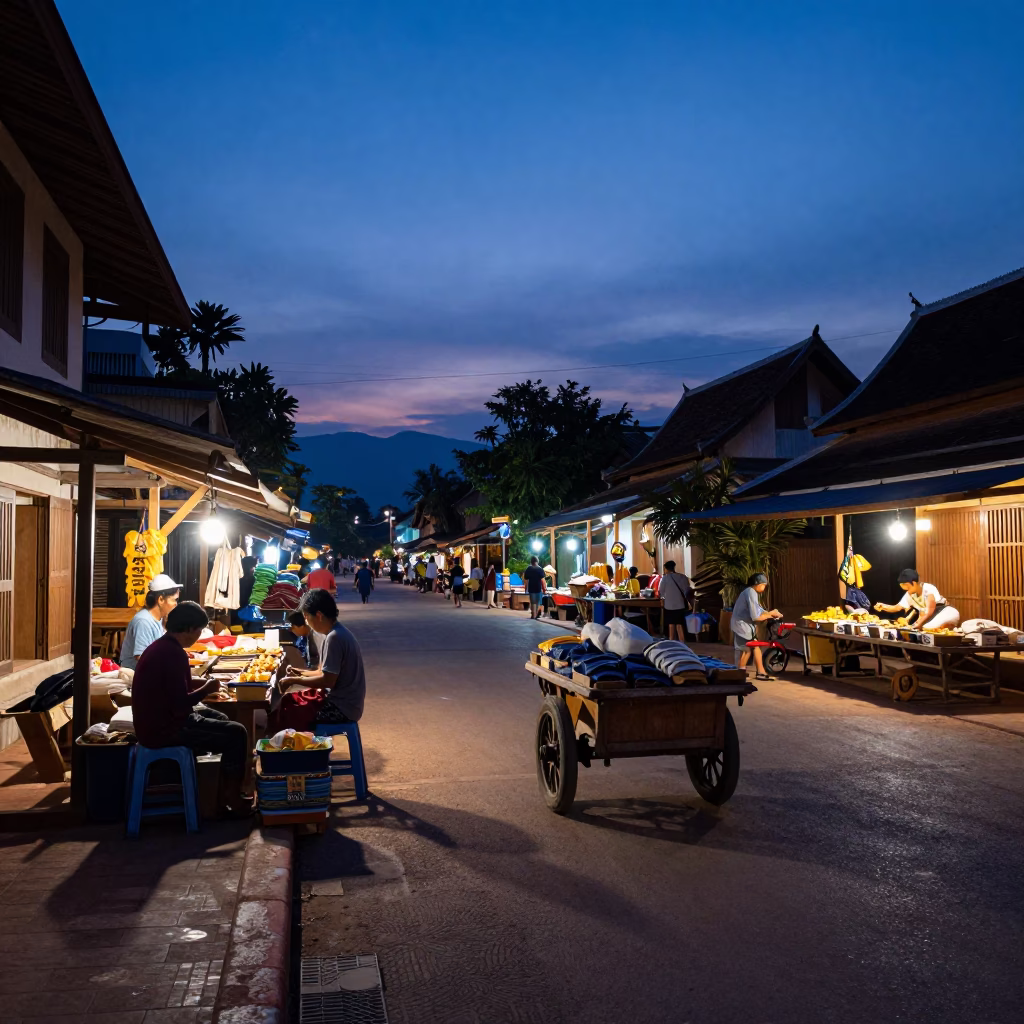 Indigo Twilight After Sunset on Street Scene in Luang Prabang in in Luang Prabang, Laos