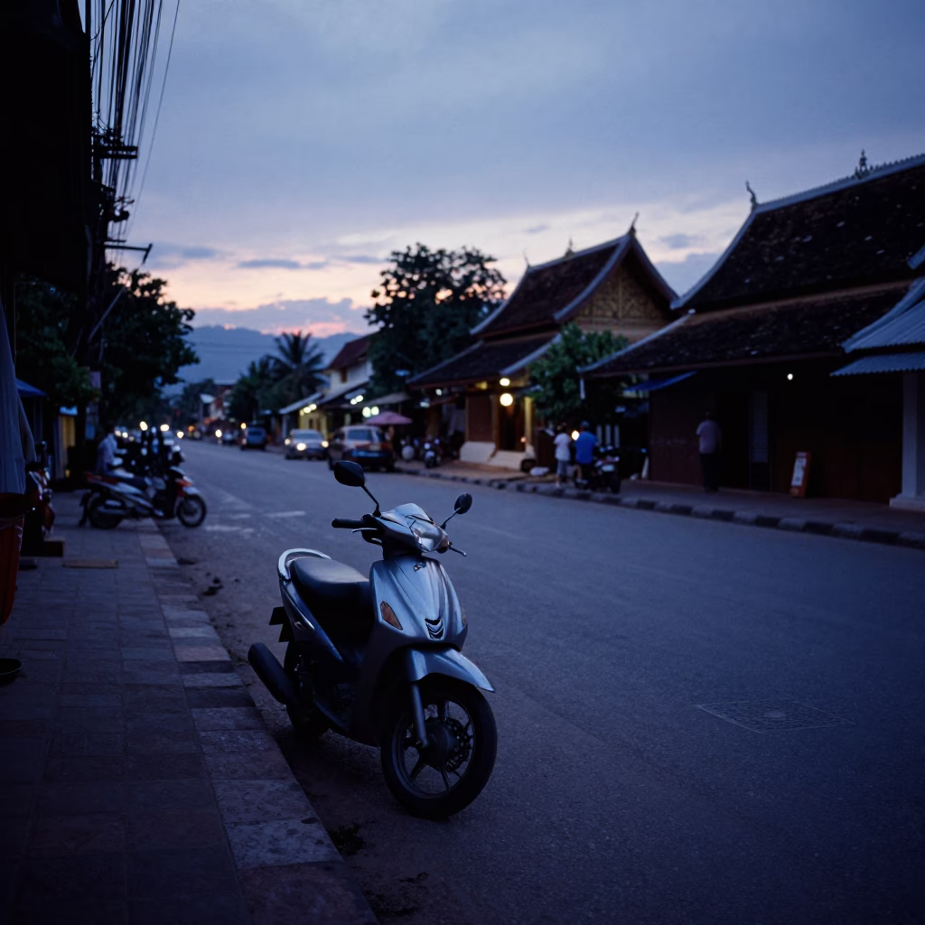 Indigo Twilight After Sunset on Street Scene in Luang Prabang in in Luang Prabang, Laos