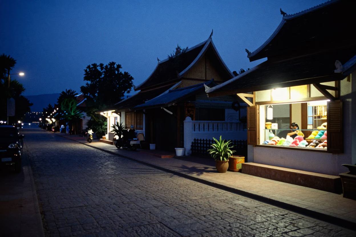 Indigo Twilight After Sunset on Street Scene in Luang Prabang in in Luang Prabang, Laos