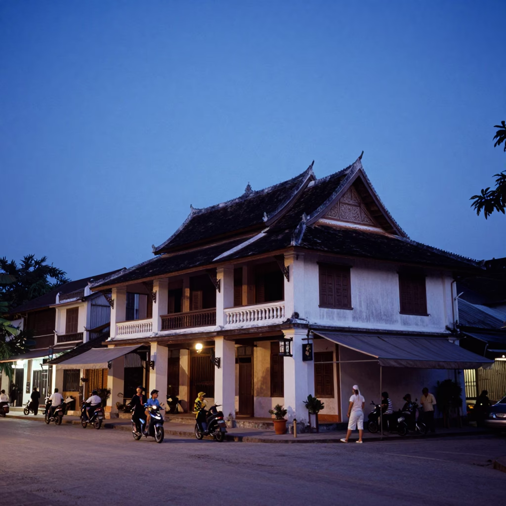 Indigo Twilight After Sunset on Street Scene in Luang Prabang in in Luang Prabang, Laos