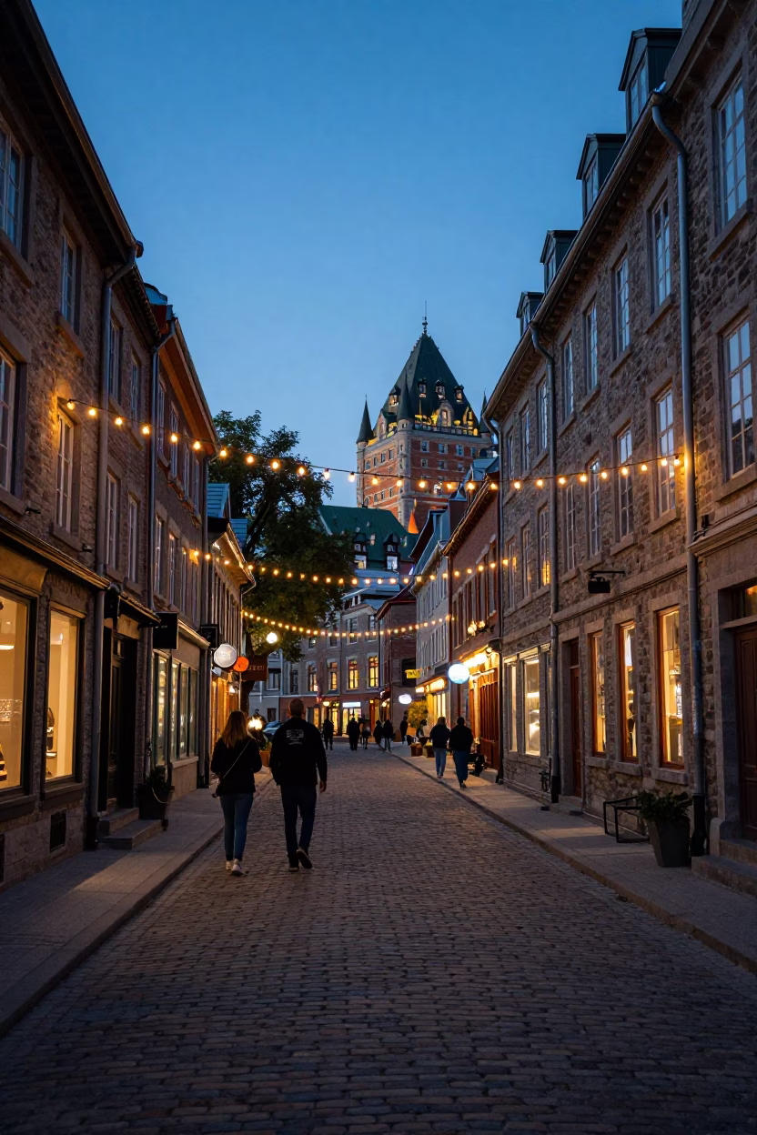 Indigo Twilight After Sunset on Street Scene in Quebec City in in Quebec City, Quebec, Canada