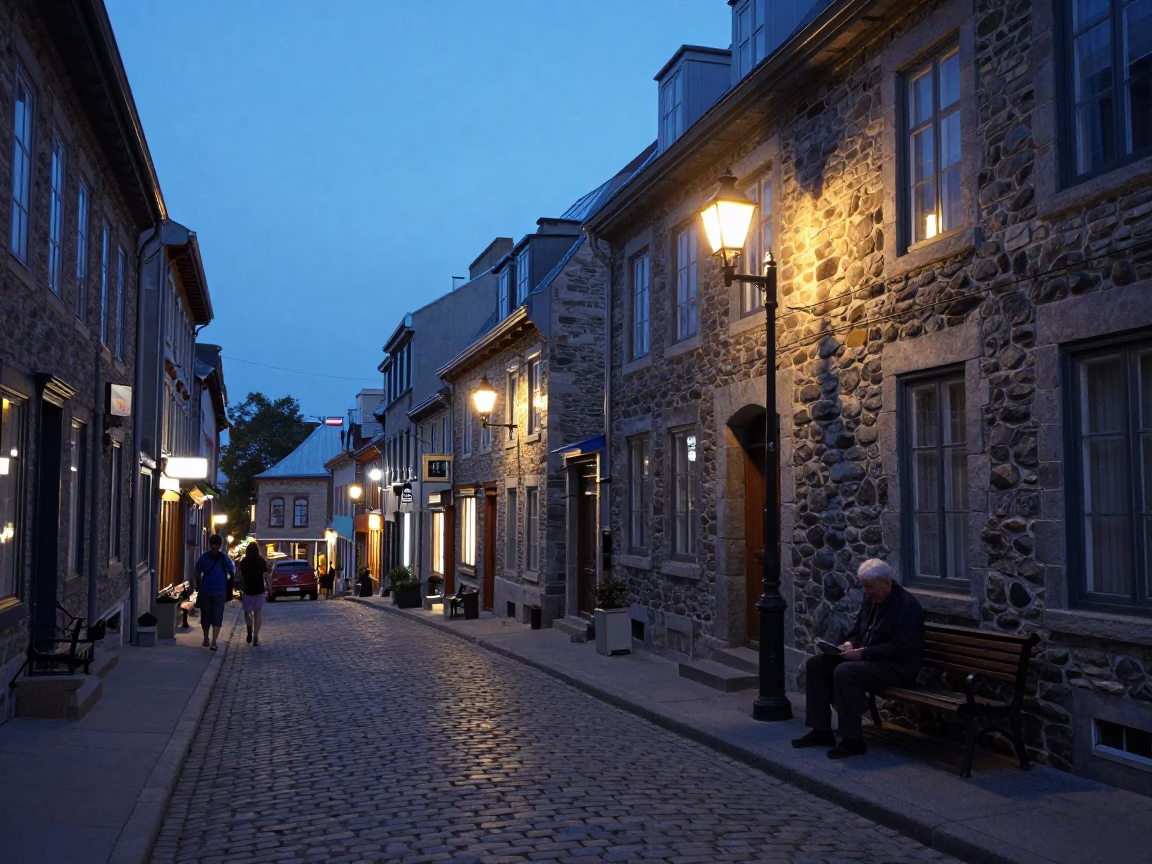 Indigo Twilight After Sunset on Street Scene in Quebec City in in Quebec City, Quebec, Canada