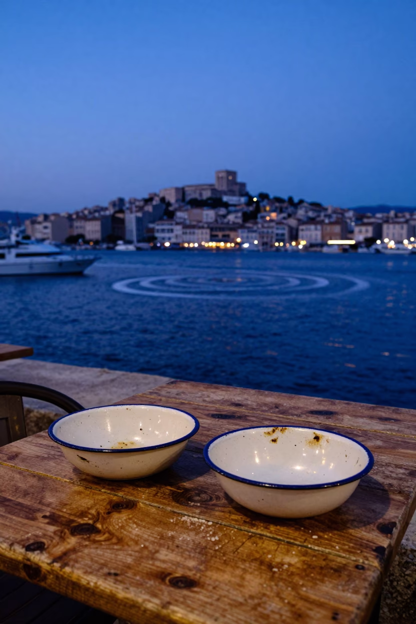 Indigo Twilight After Sunset on Water Rings in Marseille in in Marseille, France
