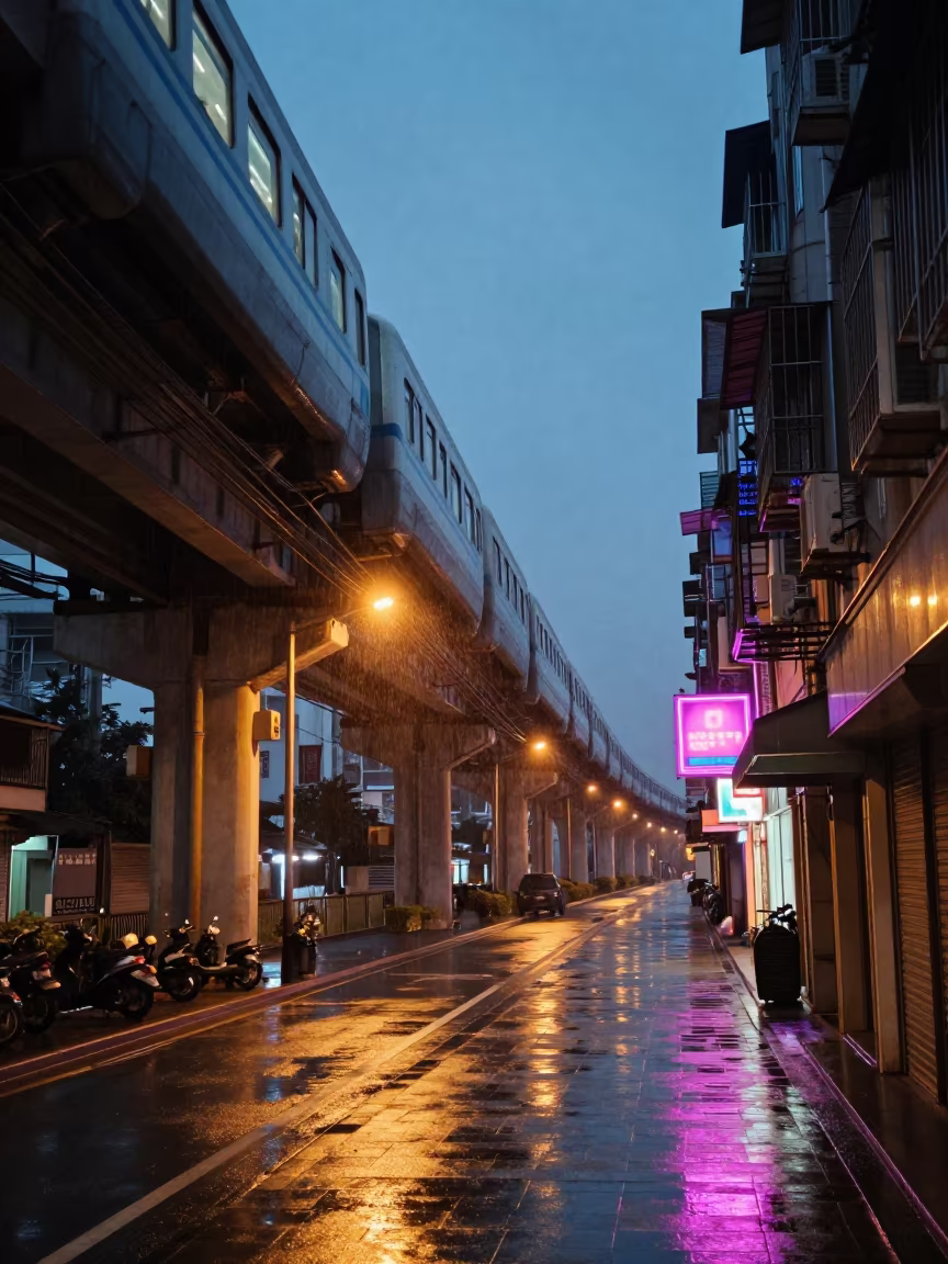 Indigo Twilight Alley with Neon and Train Glow in under an elevated train line in Xiamen
