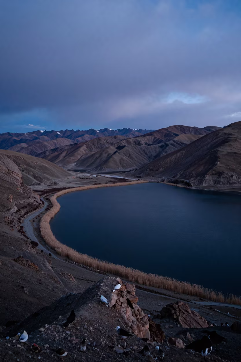 Indigo Twilight Over Alpine Lake and Foothills in from a ridge above layered foothills near Leh