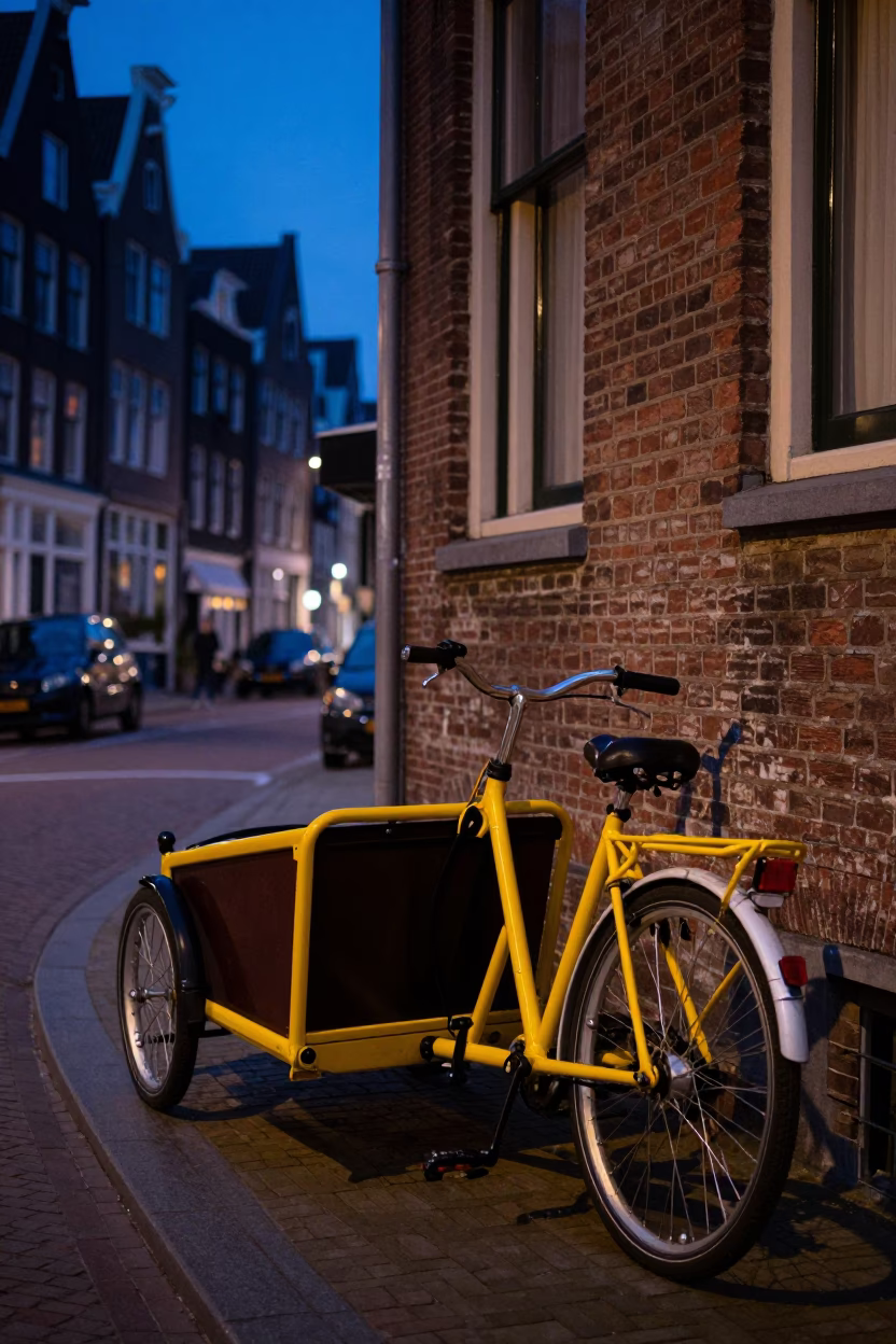 Indigo Twilight Amsterdam Street Scene with Cargo Bicycle and Canal Reflections in in Amsterdam, Netherlands
