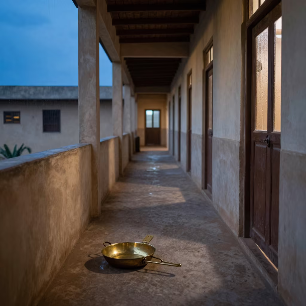 Indigo Twilight Armory Catch Pan in Senegalese Barracks in inside a barracks corridor in Senegal