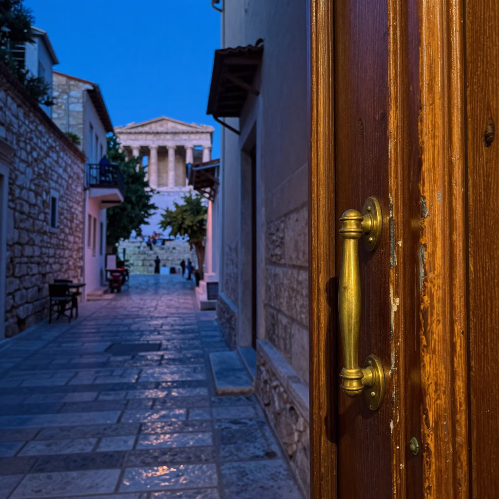 Indigo Twilight Athens Street Scene with Brass Handle and Folding Fan in in Athens, Greece