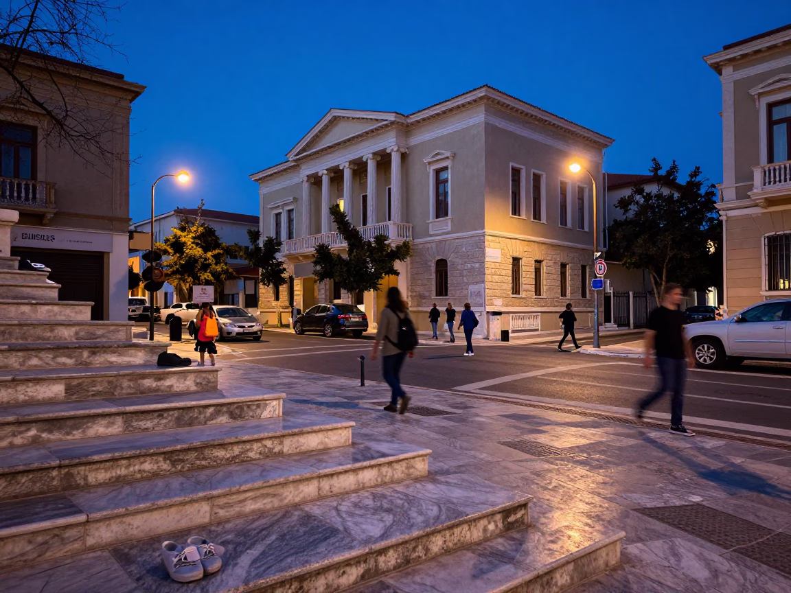 Indigo Twilight Athens Street Scene with School Staircase and Local Interaction in in Athens, Greece
