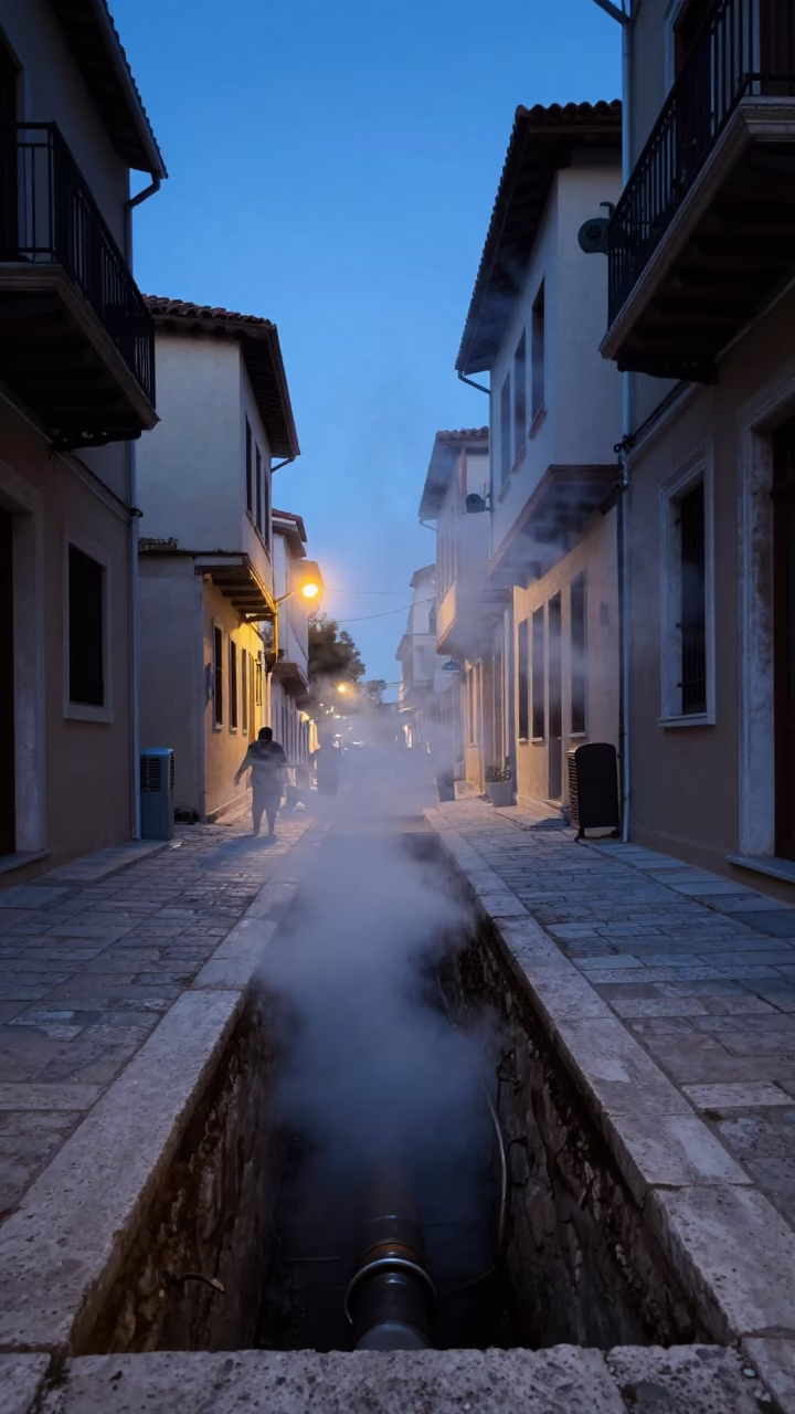 Indigo Twilight Athens Street Scene with Steaming District Heating Pipe Trench and Autumn Leaves in in Athens, Greece