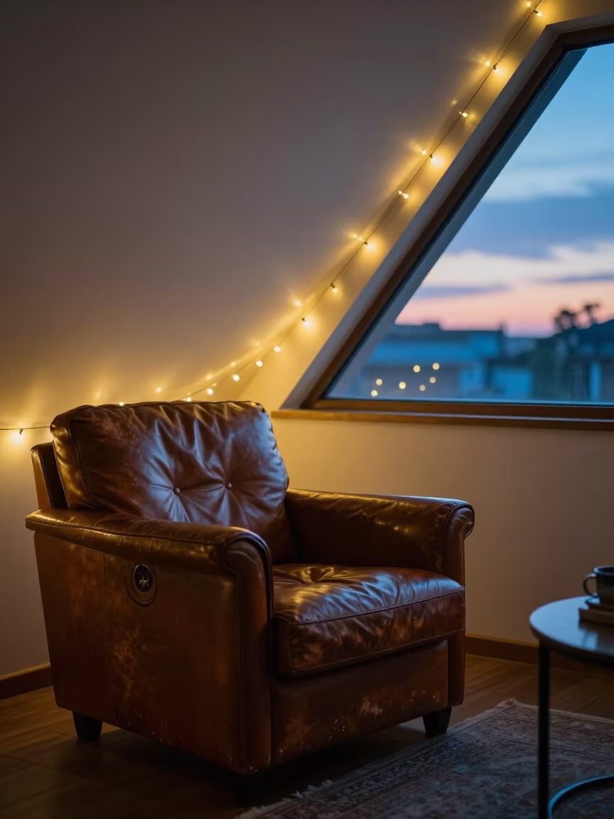 Indigo Twilight Attic with Neon Reflections in on a worn leather armchair near Xian