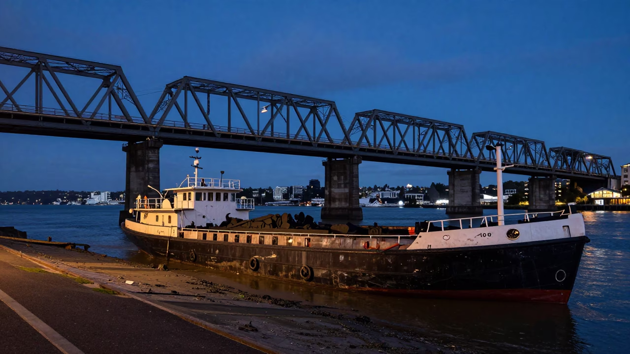Indigo Twilight Auckland New Zealand Street Scene with Coal Barge Under Railroad Bridge in in Auckland, New Zealand