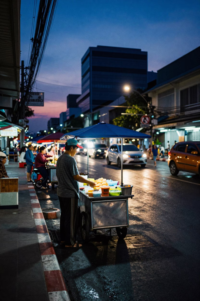 Indigo Twilight Bangkok Street Scene with Local Vendor and Basket in in Bangkok, Thailand