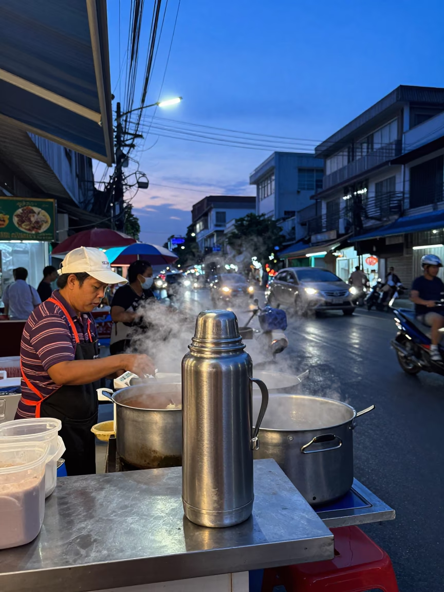 Indigo Twilight Bangkok Street Scene with Vendor Thermos and Lattice Power Lines in in Bangkok, Thailand