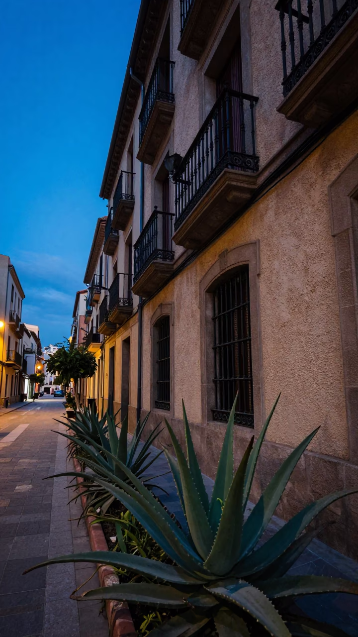 Indigo Twilight Barcelona Street Scene with Aloe Vera Plant and Cast Iron Balcony in in Barcelona, Spain