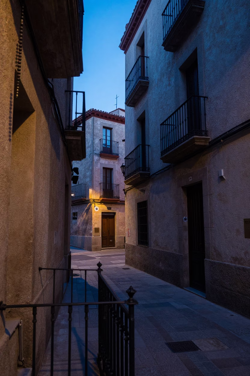 Indigo Twilight Barcelona Street Scene with Prayer Beads and Dried Enamel Drips in in Barcelona, Spain