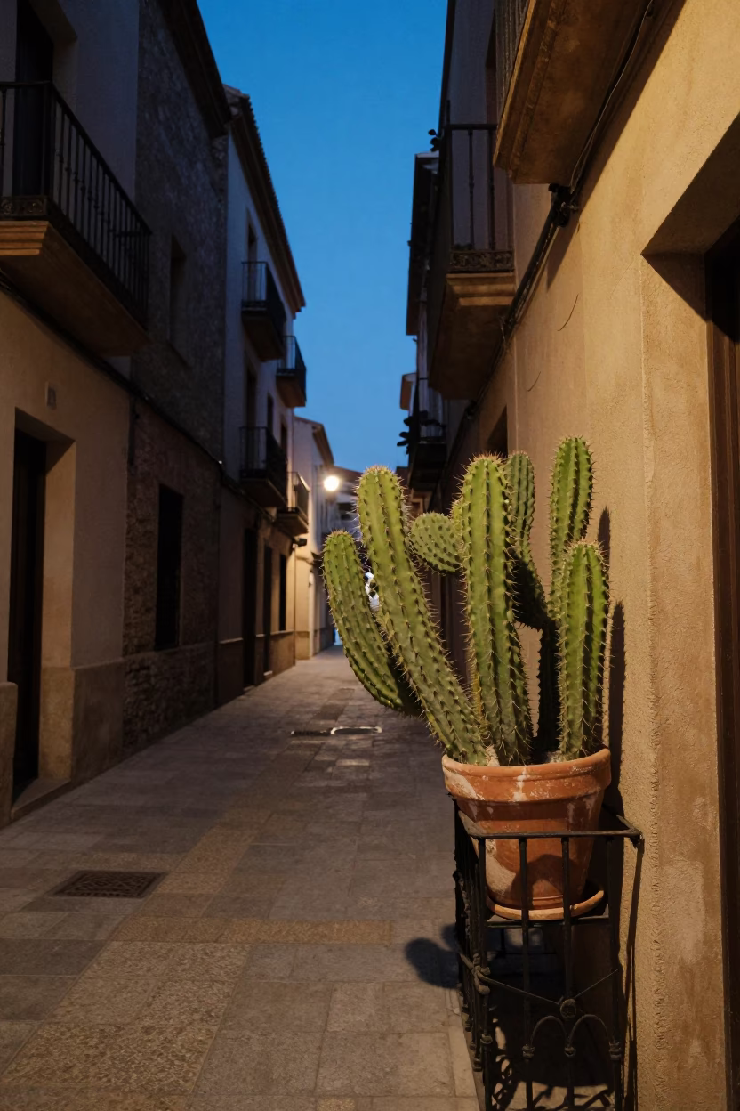 Indigo Twilight Barcelona Street Scene with Prickly Pear Cactus and Terracotta Pot in in Barcelona, Spain