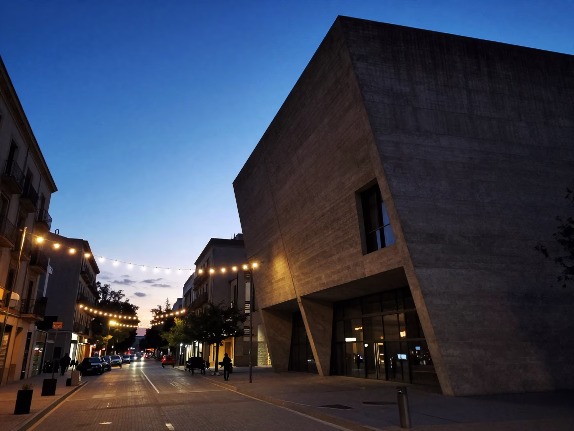 Indigo Twilight Barcelona Street Scene With String Lights And Concrete Architecture in in Barcelona, Spain