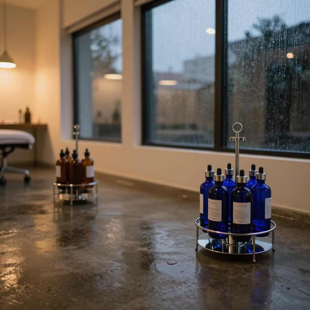 Indigo Twilight Beauty Bottle Rack Caracas in inside a skincare treatment room in Caracas