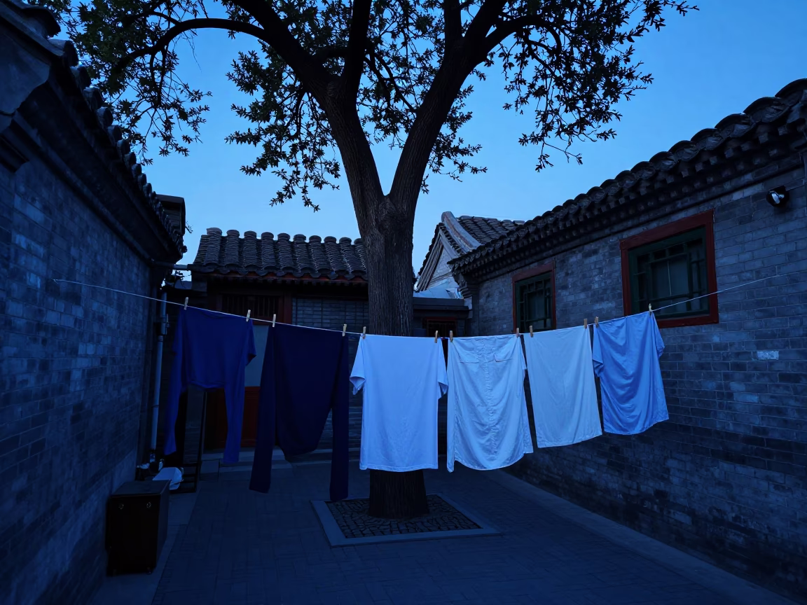 Indigo Twilight Beijing Courtyard Laundry Drying Near Magnolia Tree in in Beijing, China