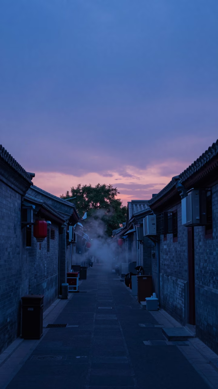 Indigo Twilight Beijing Hutong Street Scene with Steam Haze and Vintage Vespa in in Beijing, China
