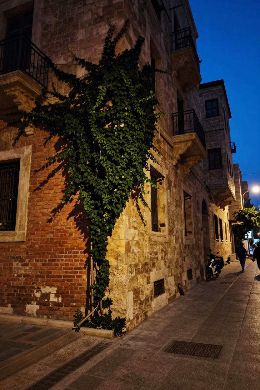 Indigo Twilight Beirut Street Scene with Ivy Climbing Brick Wall and Table Fan in in Beirut, Lebanon