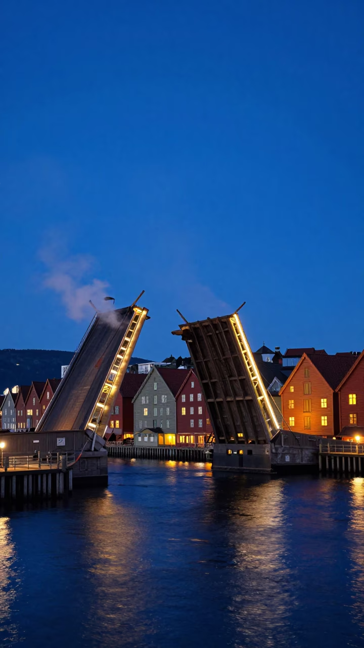 Indigo Twilight Bergen Norway Drawbridge Raising for Tall Ship in in Bergen, Norway