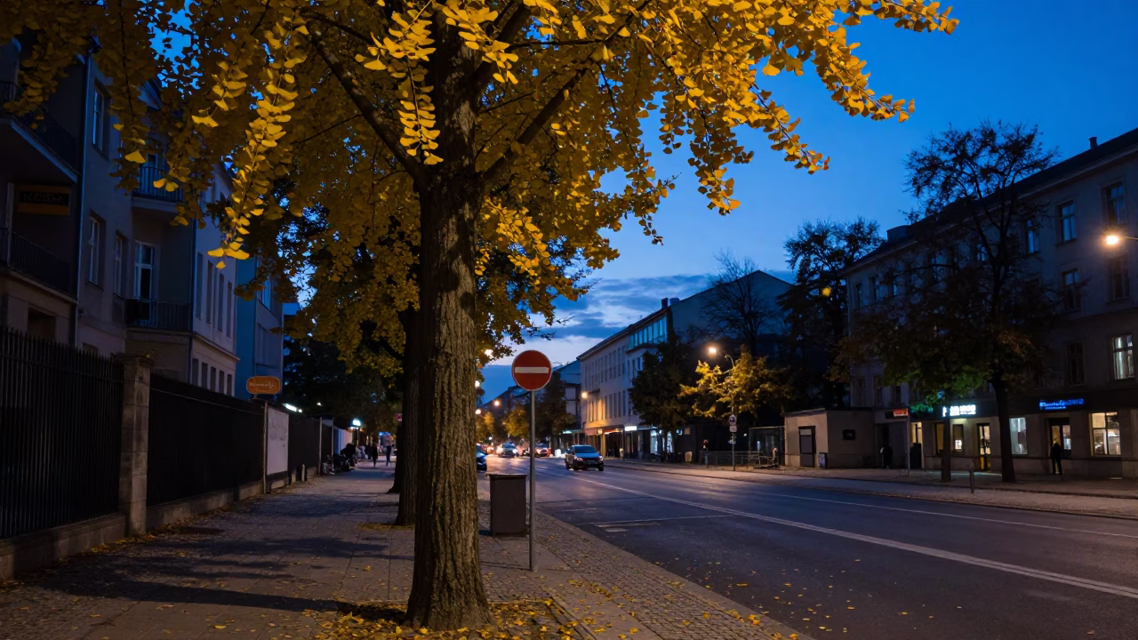 Indigo Twilight Berlin Street Scene with Ginkgo Leaves Falling Near Water Tower in in Berlin, Germany