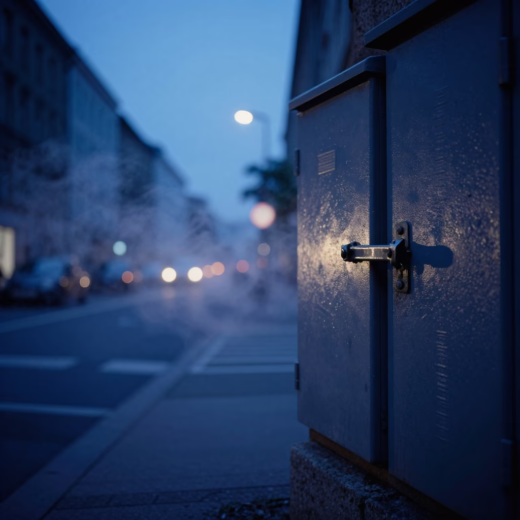 Indigo Twilight Berlin Street Scene with Steam Haze and Rusty Latch Details in in Berlin, Germany