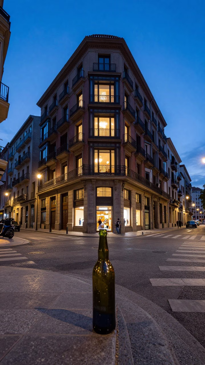 Indigo Twilight Bilbao Spain Street Scene with Lit Windows and Brass Details in in Bilbao, Spain