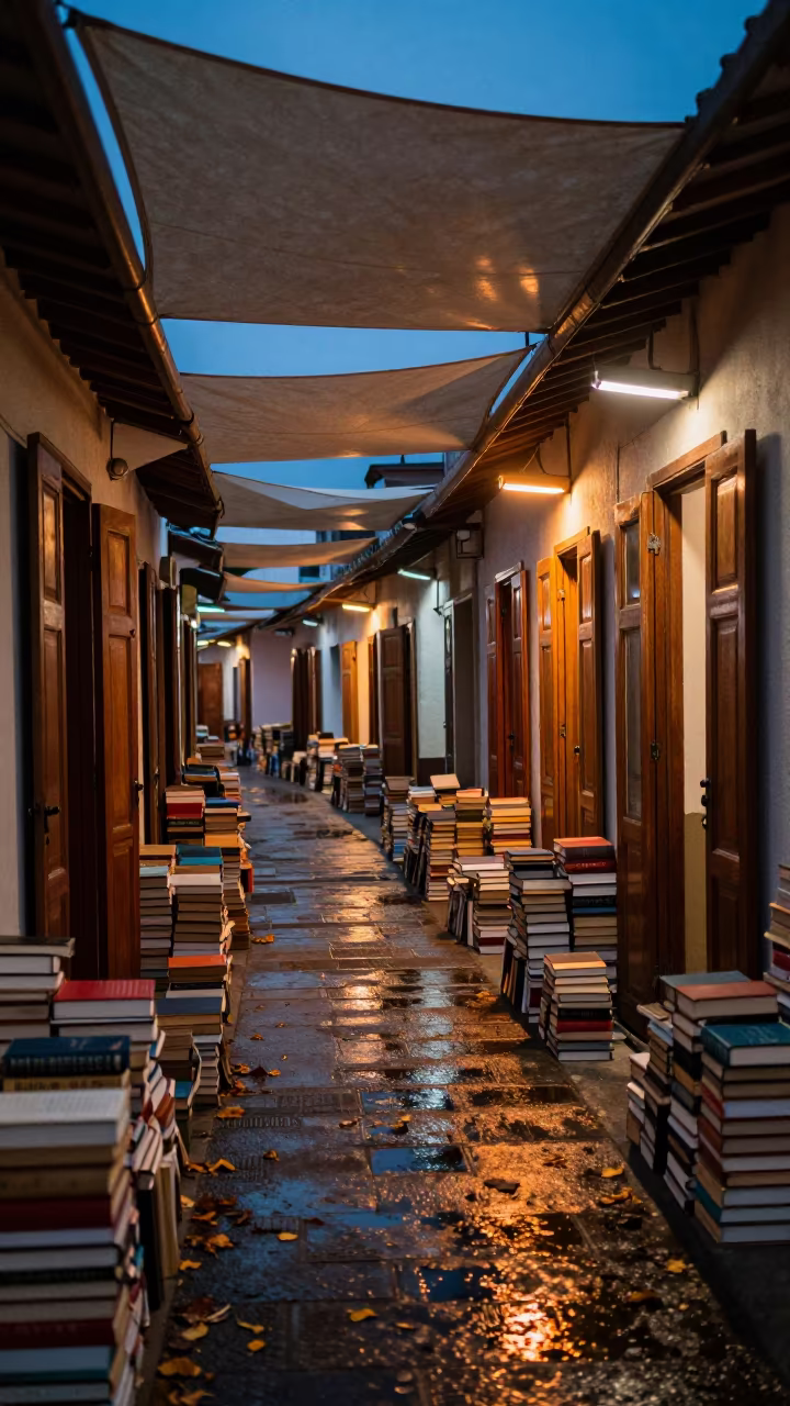 Indigo Twilight Book Stacks in Surreal Bazaar in in a covered bazaar aisle in Concordia