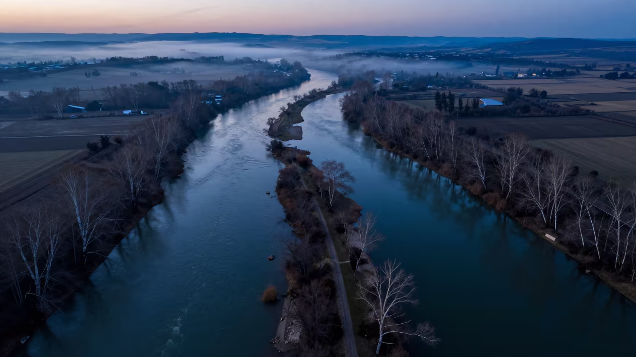 Indigo Twilight Over Braided River Channels North Macedonia in high above braided river channels in North Macedonia