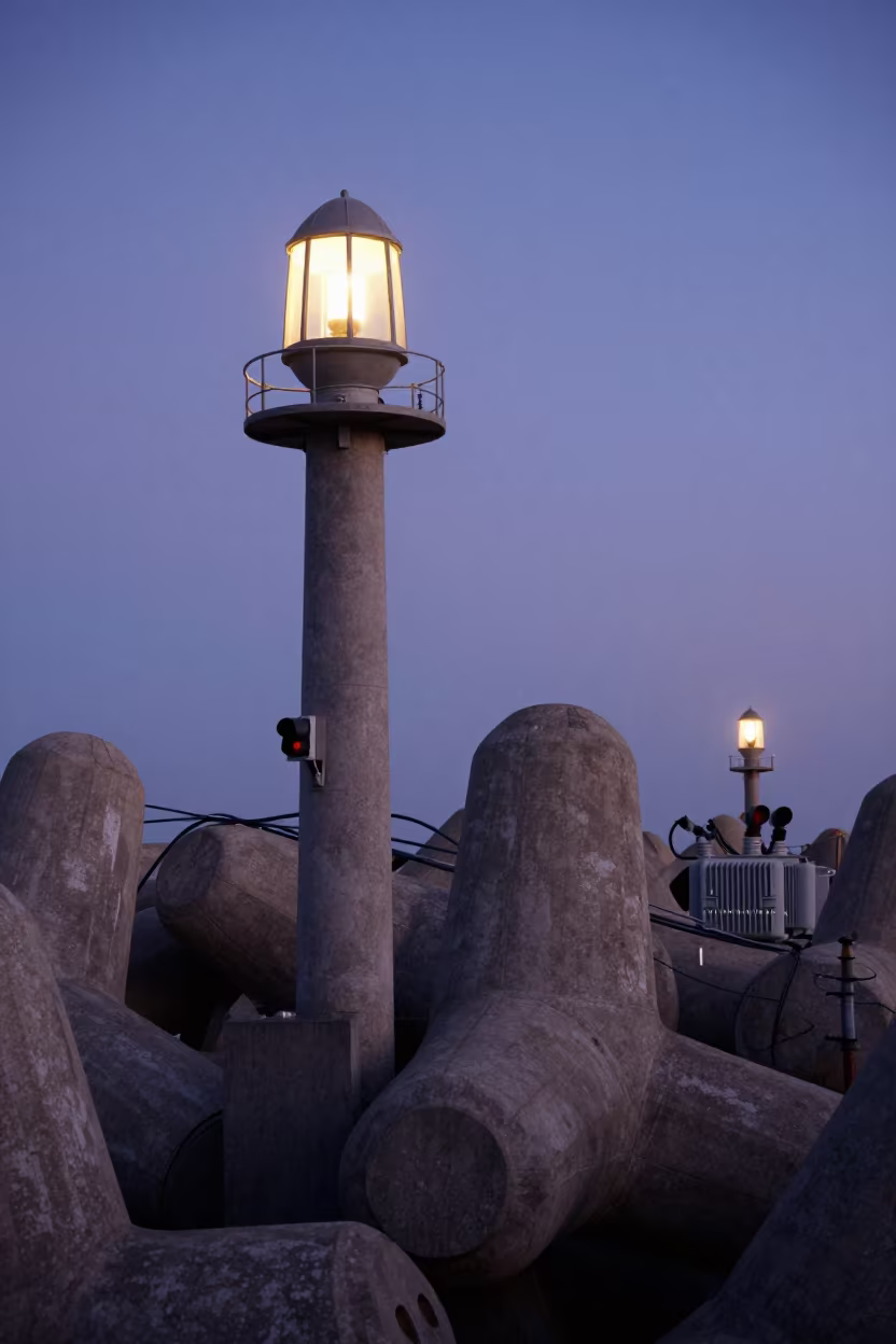 Indigo Twilight Breakwater Lantern on Storm Barrier in beside a storm surge barrier in Toluca de Lerdo