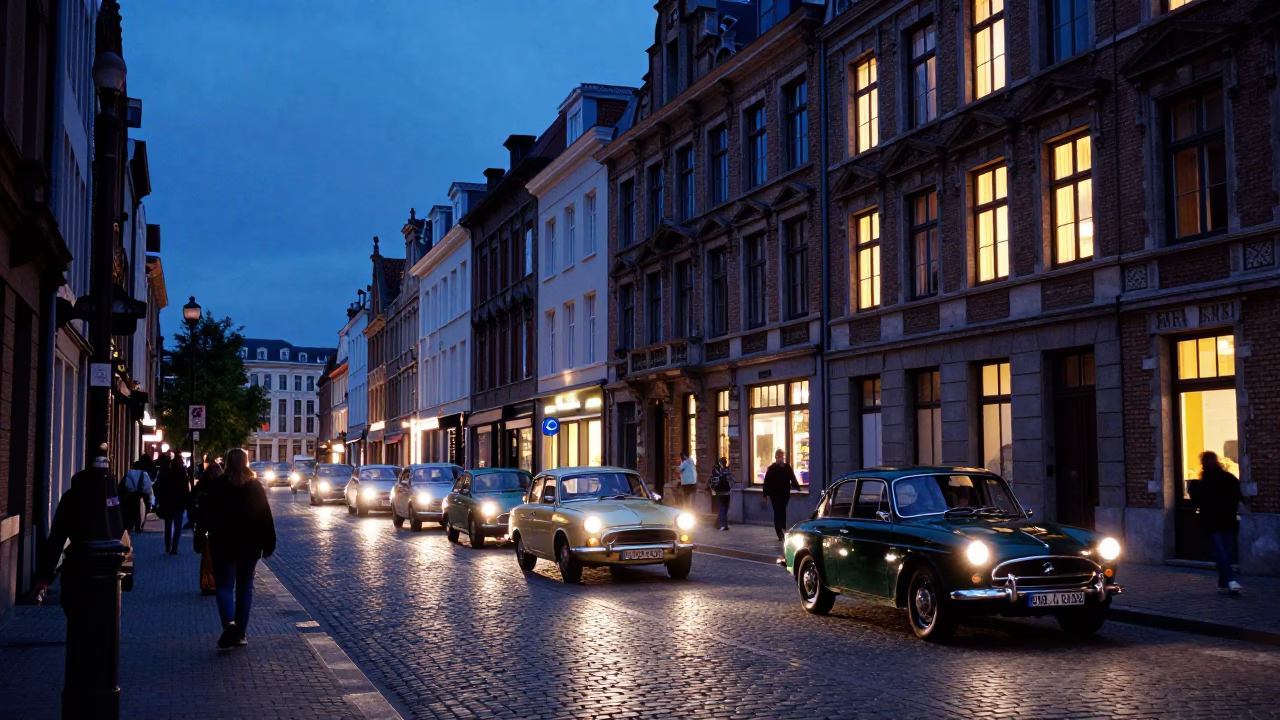 Indigo Twilight Brussels Street Scene with Vintage Car Rally and Window Light in in Brussels, Belgium