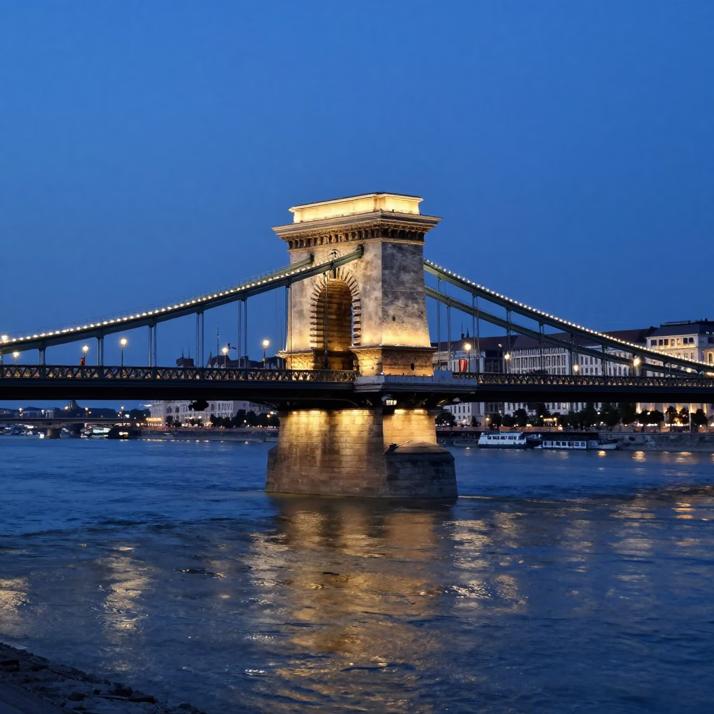 Indigo Twilight Budapest Street Scene with Bridge Pier and Muddy Floodwater Reflections in in Budapest, Hungary