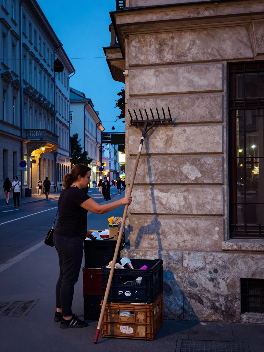 Indigo Twilight Budapest Street Scene with Vintage Coat Hook and Garden Rake in in Budapest, Hungary